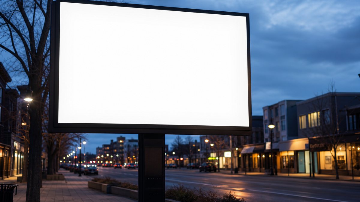 A blank illuminated billboard at dusk on a quiet city street, illustrating quieter casino advertising in Canada