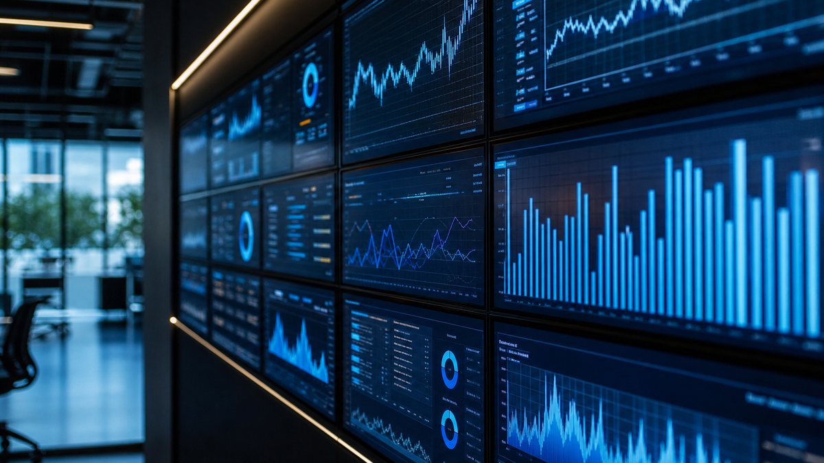 A wall of glowing data-analytics screens with abstract charts, illustrating data on how Canadians play