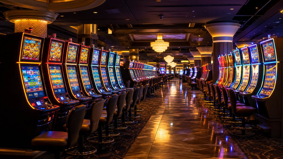 Rows of illuminated slot machines on a modern casino floor, illustrating online casino's lead over sports betting in Ontario