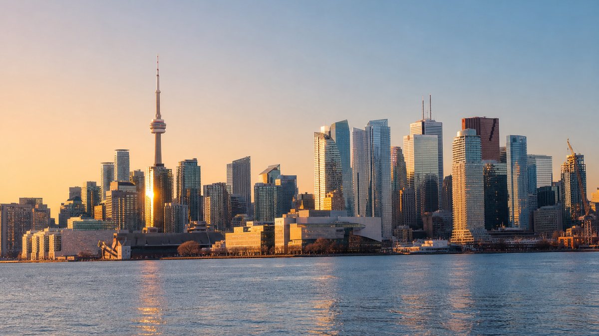 Toronto financial-district skyline at golden hour, illustrating Canada's growing online casino market