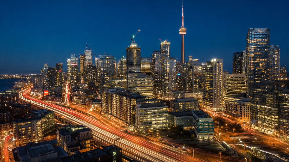 Elevated night view of downtown Toronto with the CN Tower and sweeping traffic light trails, illustrating momentum in Ontario's regulated online casino market